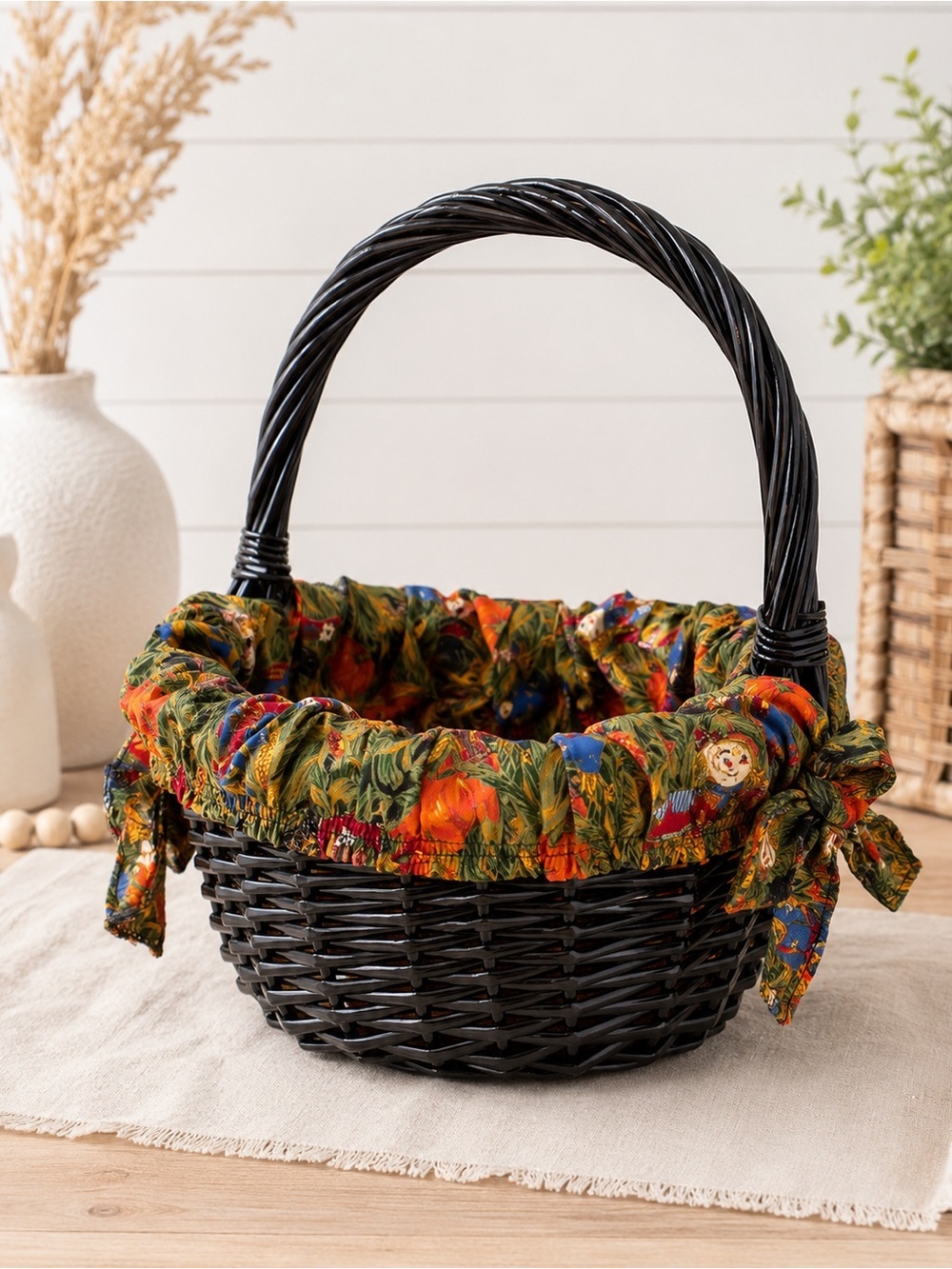 Vintage Autumn Fabric Lined Black Wicker Basket Colorful Autumn Primitives